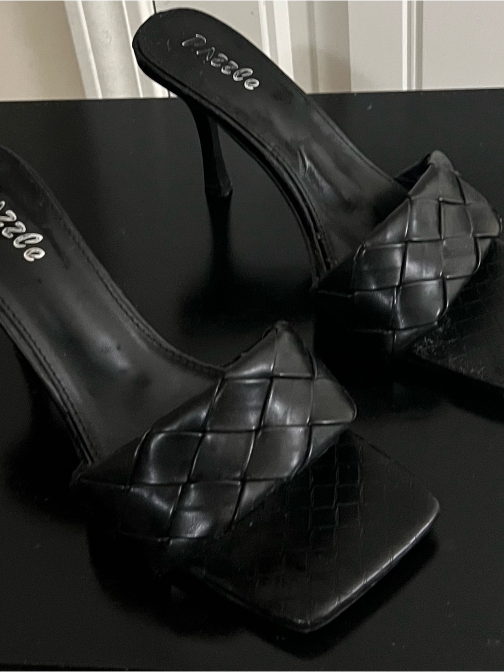 Black Woven Square-Toe Stiletto Mules